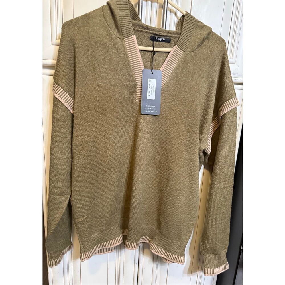 Valolia Women's V-Neck Hooded Knit Pullover Sweater Olive Green Size Medium NWT